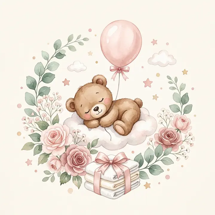 Ursinho dormindo em uma nuvem com balão rosa, flores e fraldas
